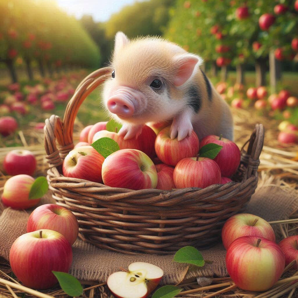 リンゴにご満悦なミニブタ