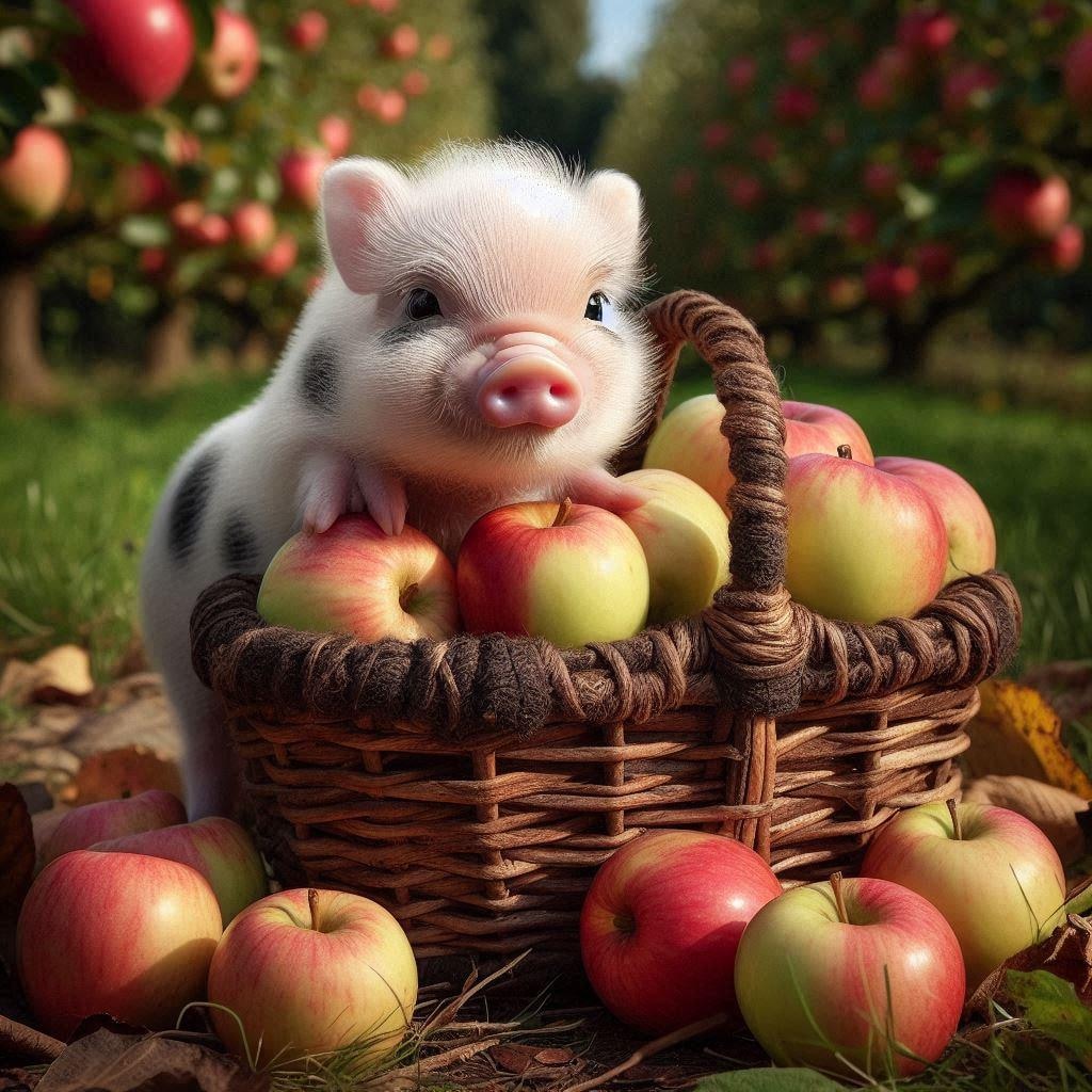 リンゴにご満悦なミニブタ