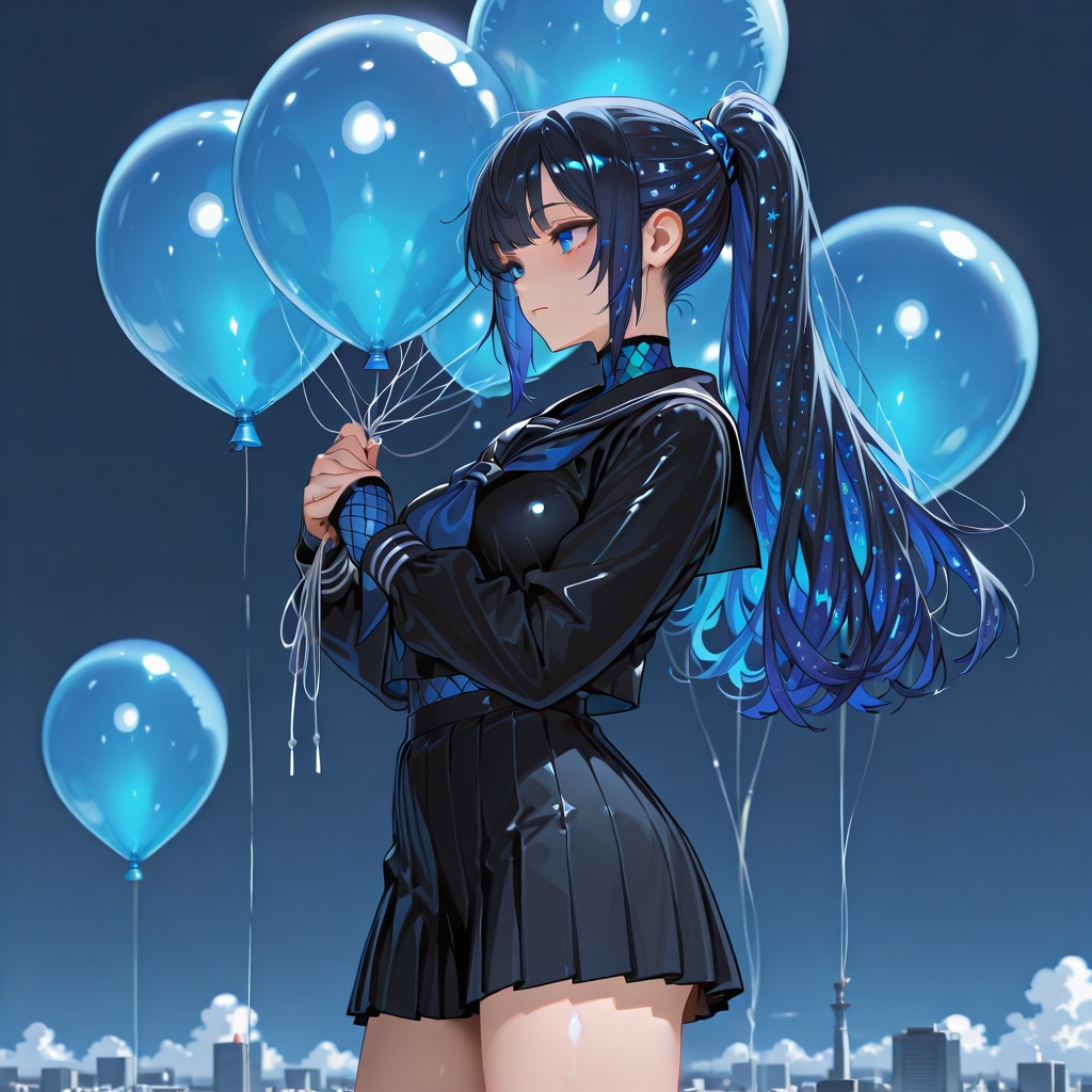 いっぱい青い風船を持つ黒髪ポニーテール青いメッシュの髪色のセーラー服着た美少女 | の人気AIイラスト・グラビア