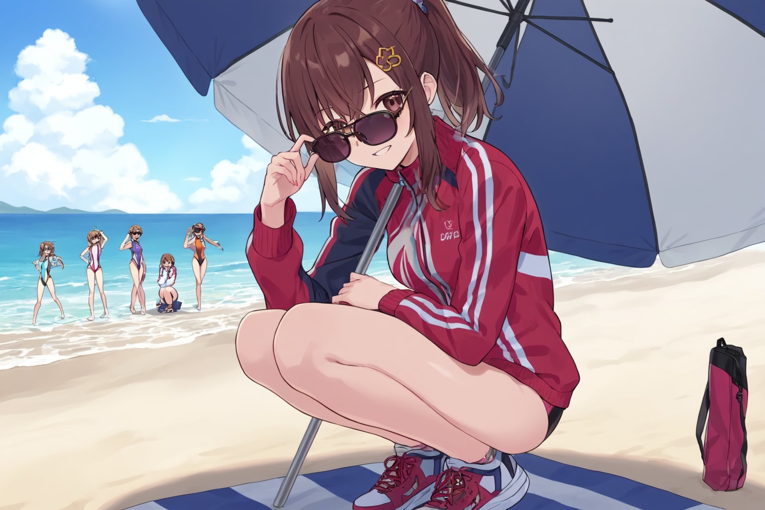 夏の海、ジャージと競泳水着を着る少女