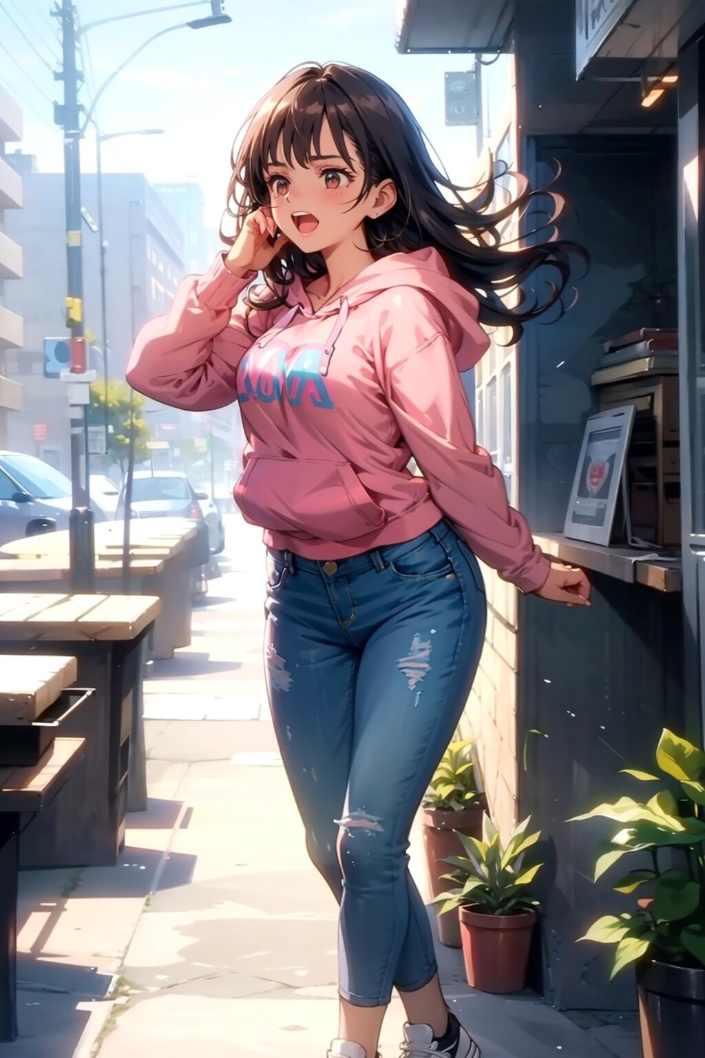 お店の前で携帯電話に出る女の子