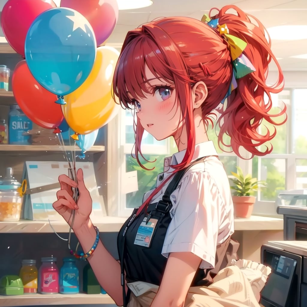 いっぱい風船を持つ赤い髪ポニーテールの携帯ショップの美女店員さん
