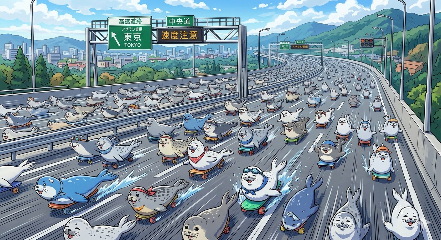 疾走するアザラシで溢れている高速道路 | の人気AIイラスト・グラビア