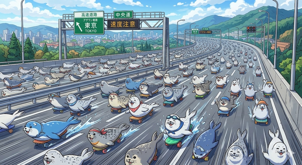疾走するアザラシで溢れている高速道路