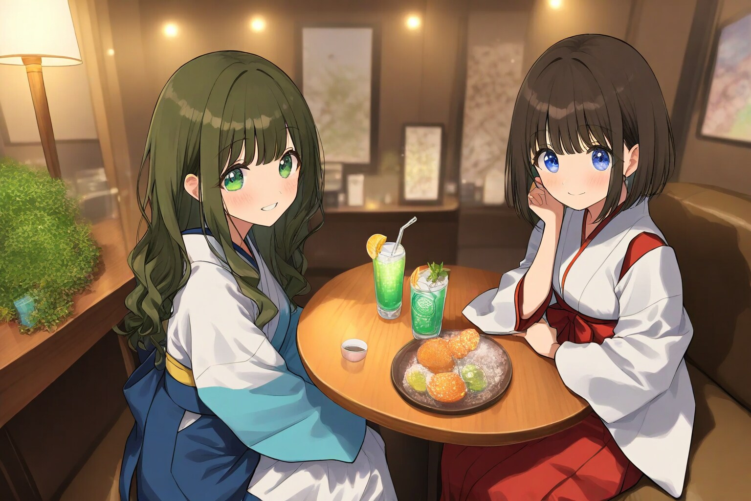 巫女服と笑顔のカフェタイム | の人気AIイラスト・グラビア