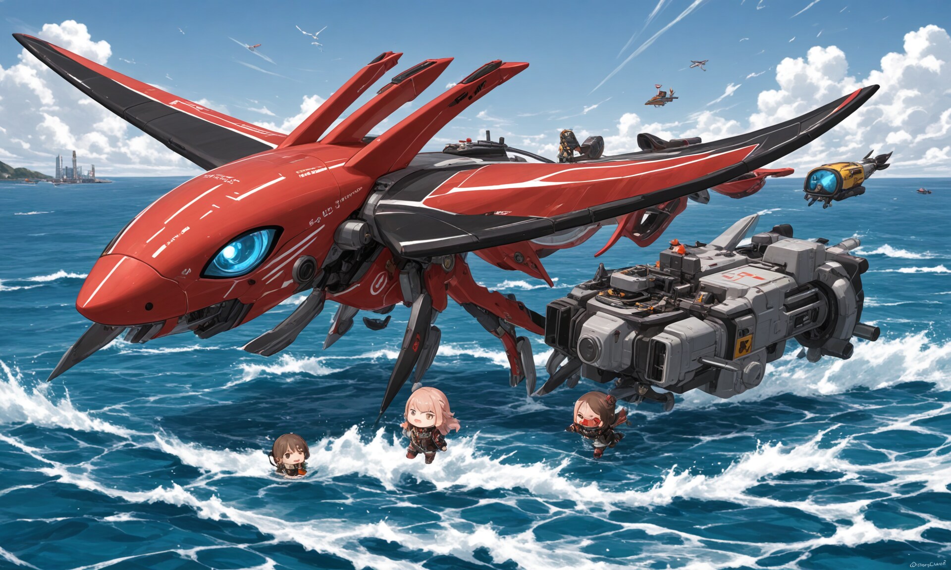 241015 「アトミックパンク世界の海上に蠢くメガネ原子力chibi生命体と海上走行する超高速核融合機関車」？ | の人気AIイラスト・グラビア