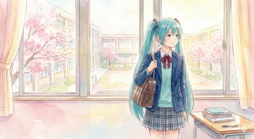 水彩画ミクさん　ブレザーと春の始まり