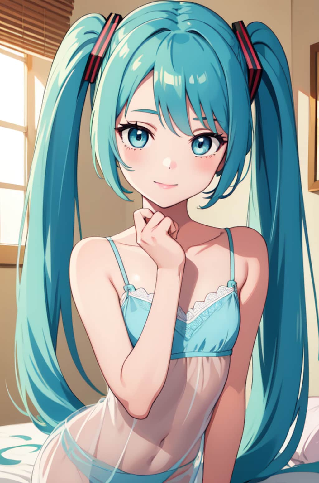 初音ミクのアニメ調絵柄のイラスト【スリップ＆ランジェリー】（試作）