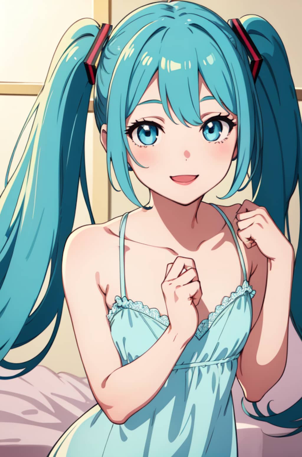 初音ミクのアニメ調絵柄のイラスト【スリップ＆ランジェリー】（試作）