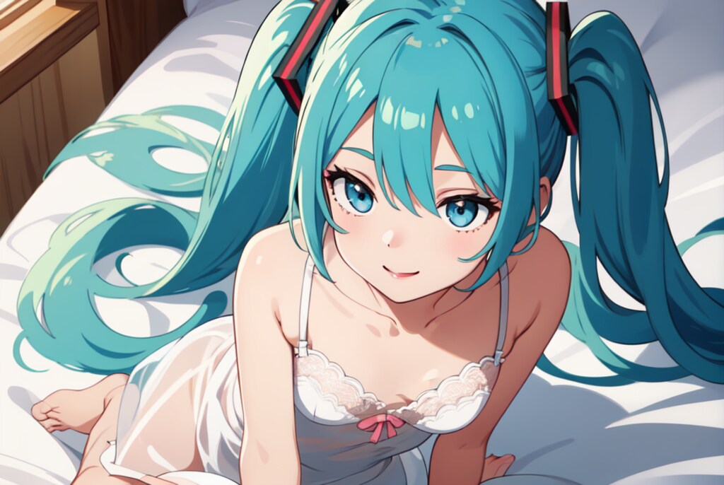 初音ミクのアニメ調絵柄のイラスト【スリップ＆ランジェリー】（試作）