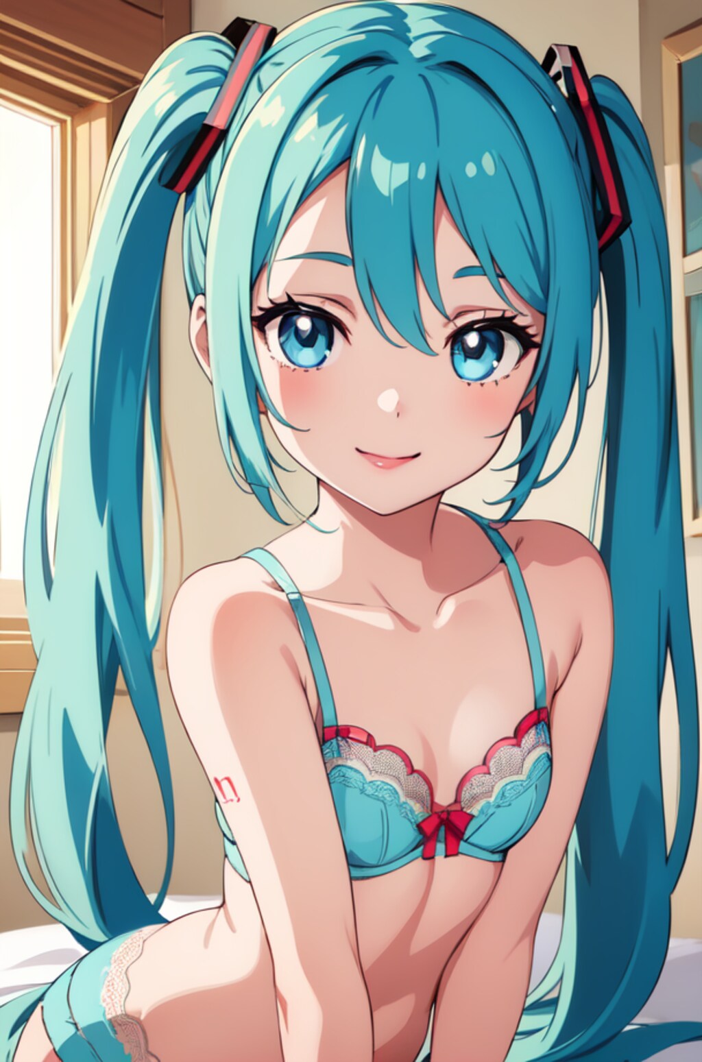 初音ミクのアニメ調絵柄のイラスト【スリップ＆ランジェリー】（試作）
