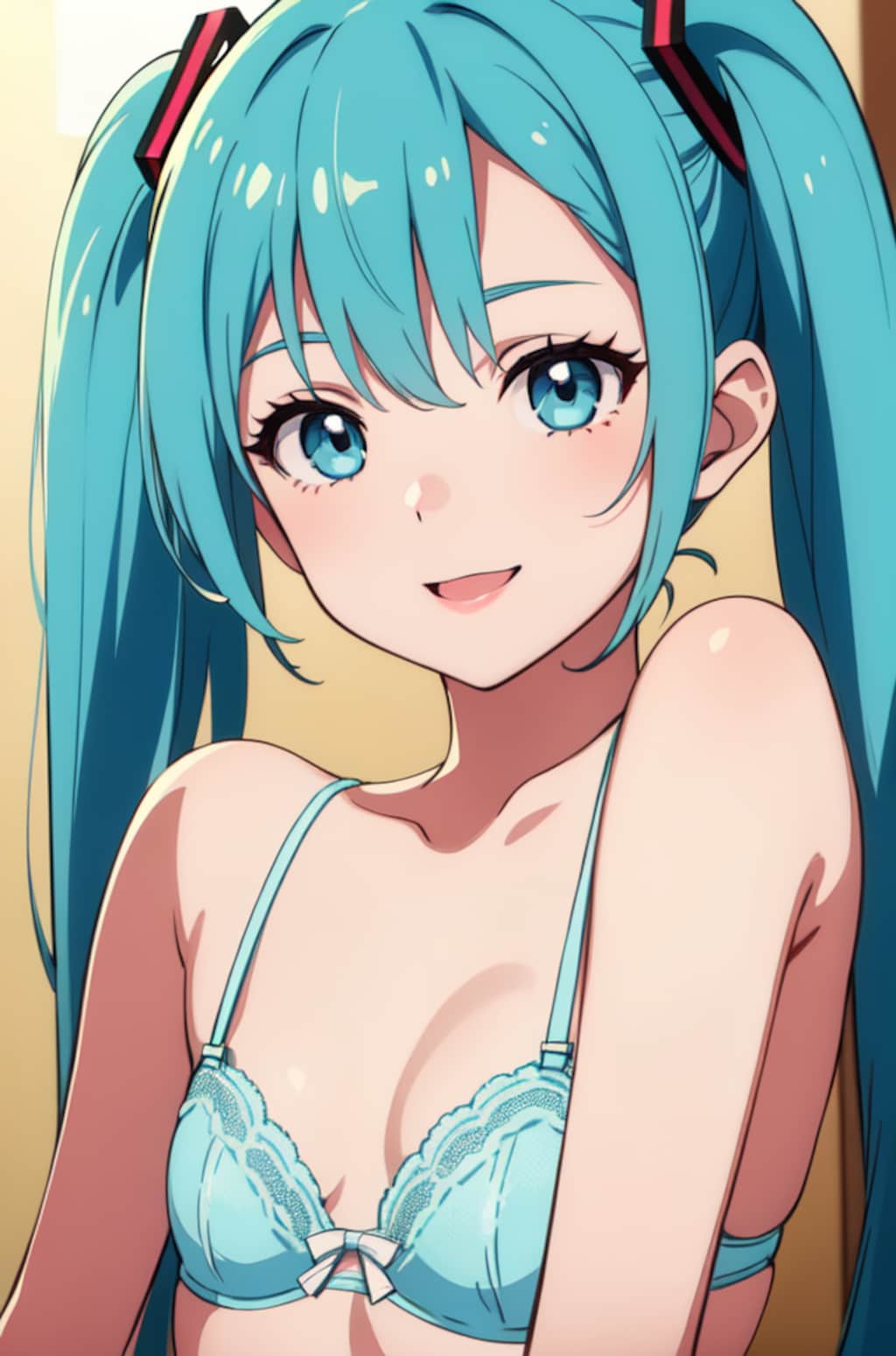初音ミクのアニメ調絵柄のイラスト【スリップ＆ランジェリー】（試作）