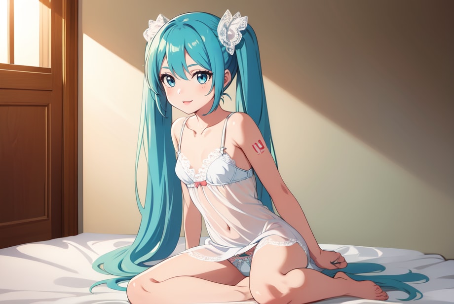 初音ミクのアニメ調絵柄のイラスト【スリップ＆ランジェリー】（試作）