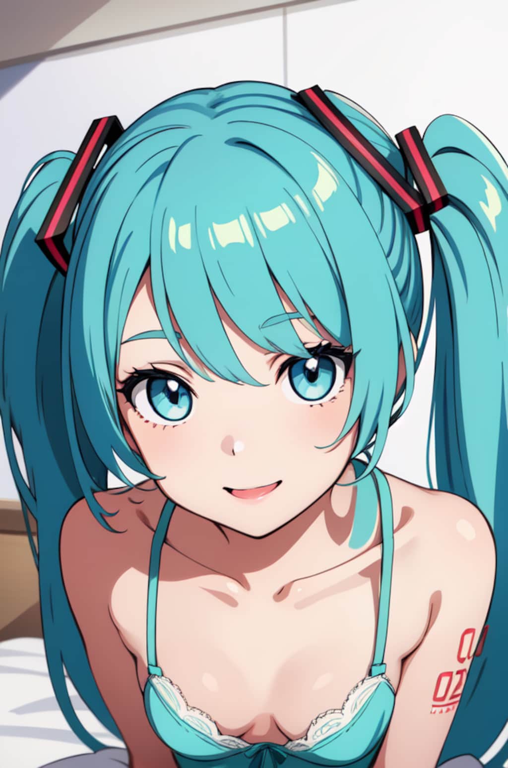 初音ミクのアニメ調絵柄のイラスト【スリップ＆ランジェリー】（試作）