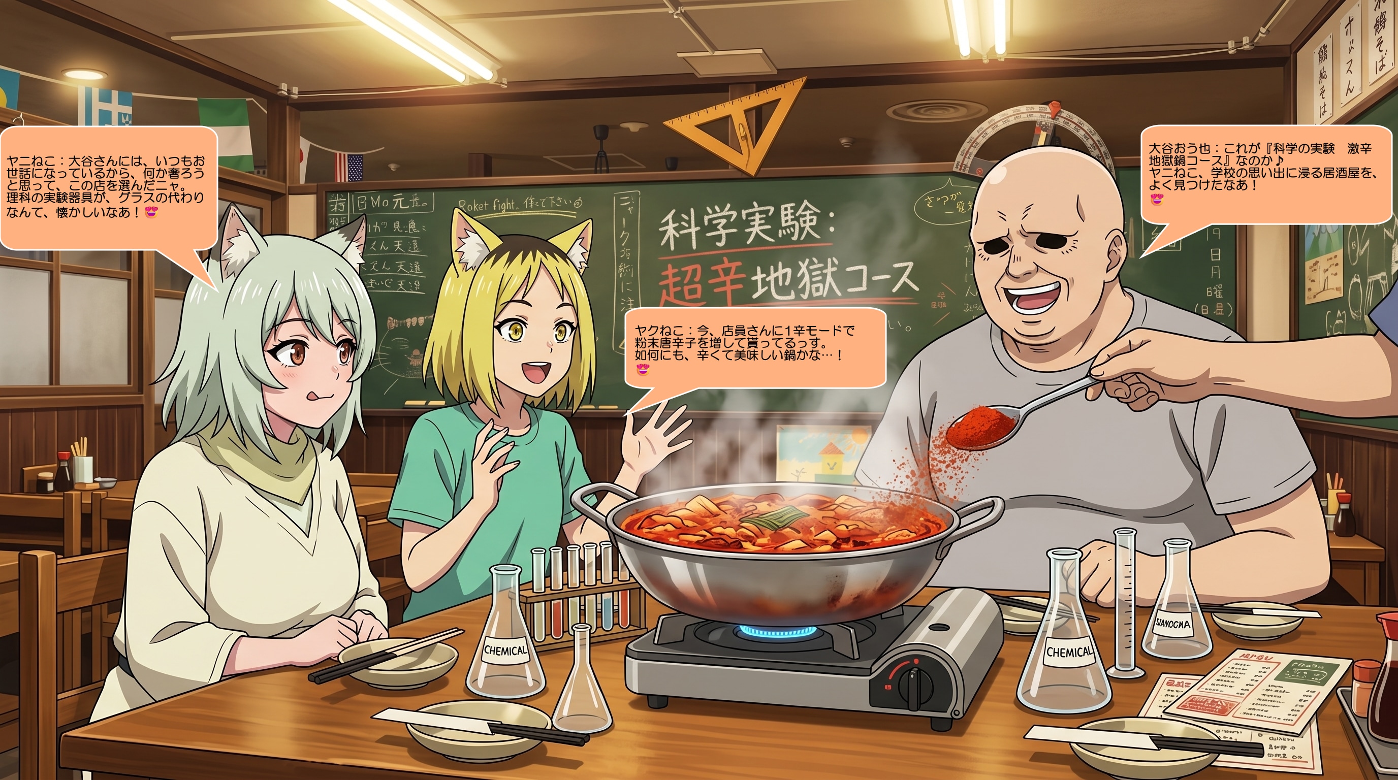 佐藤ヤニ子・越司丸益子・大谷おう也、激辛鍋等で楽しむ | の人気AIイラスト・グラビア