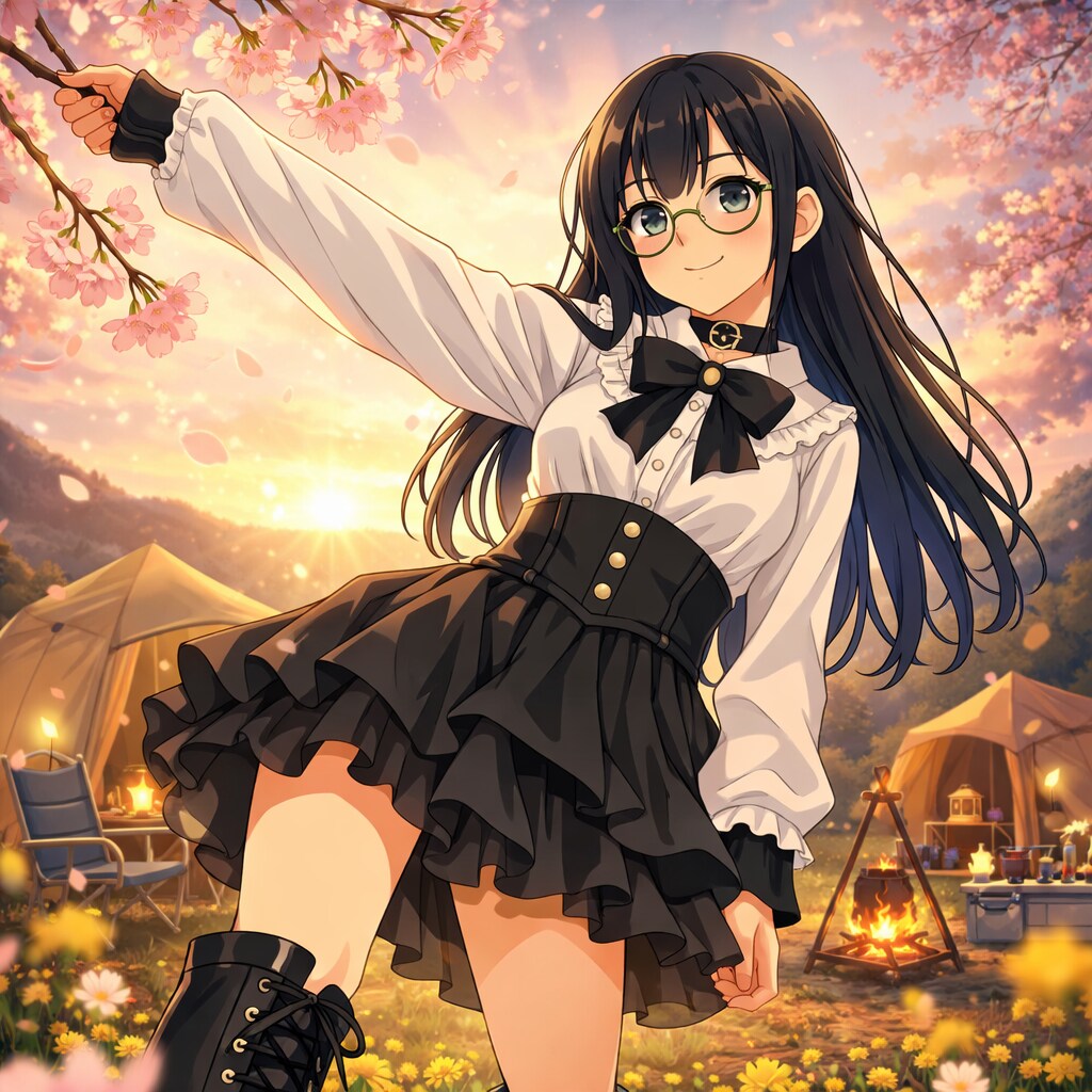 桜舞う春キャンプの夕暮れ | の人気AIイラスト・グラビア