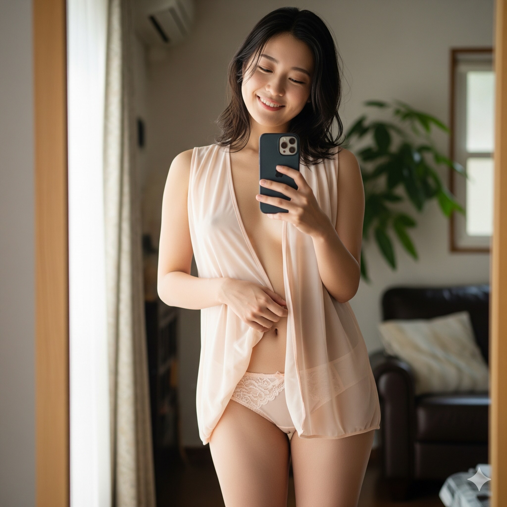 鏡の前で自撮りするお姉さん