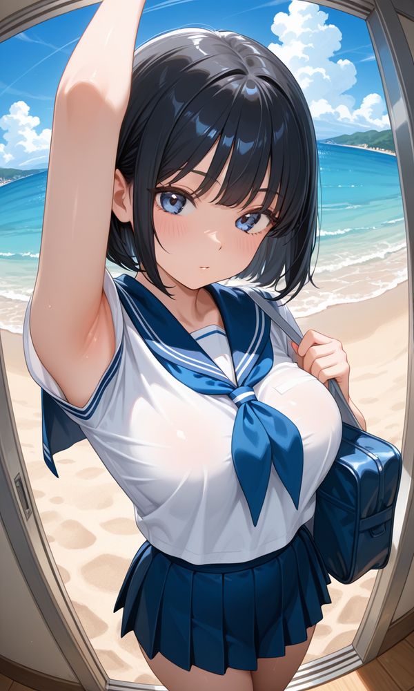 海の家に下見に来た巨乳セーラー服な配信者ちゃん