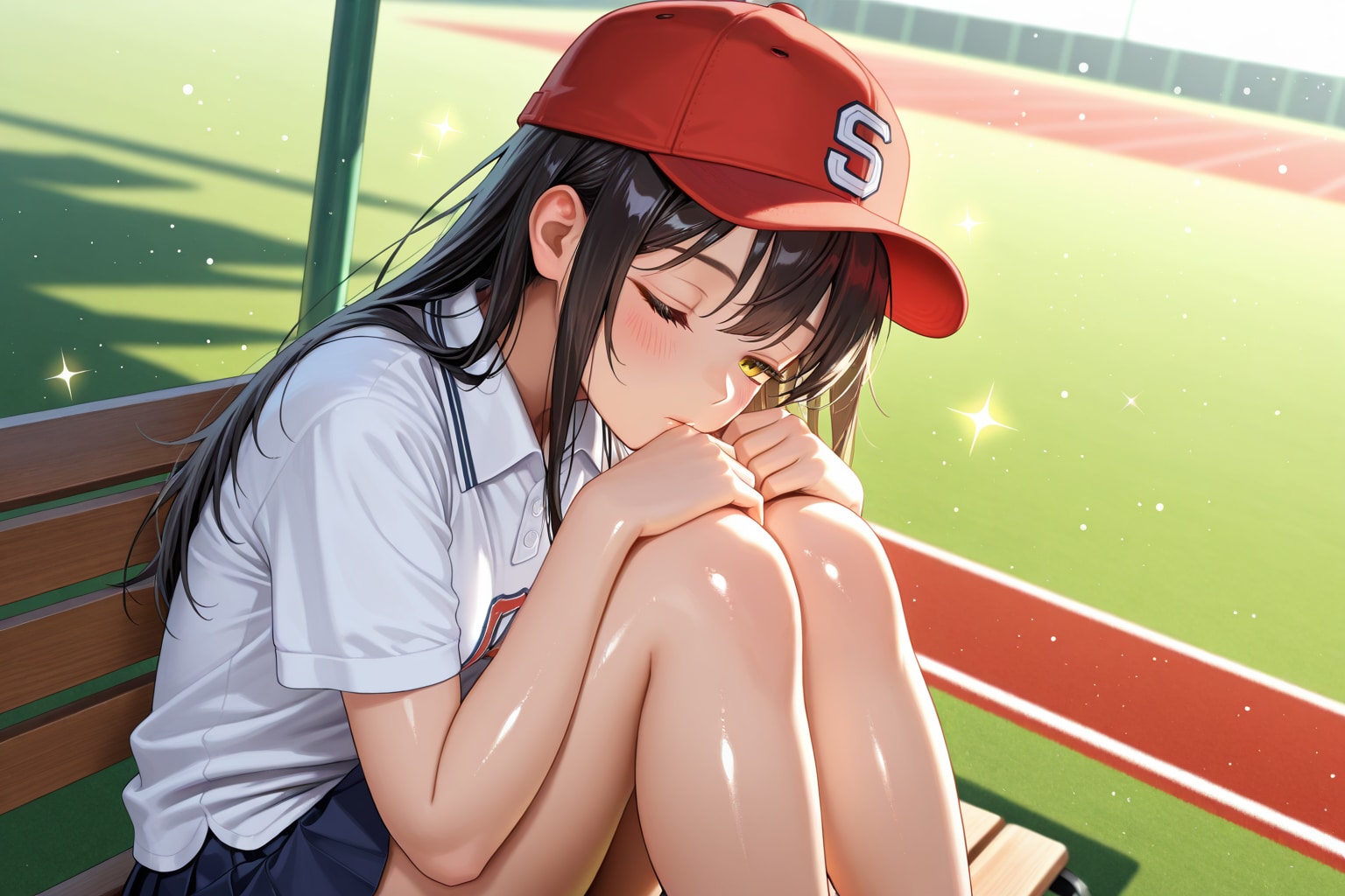 膝を抱える野球女子ちゃん | の人気AIイラスト・グラビア