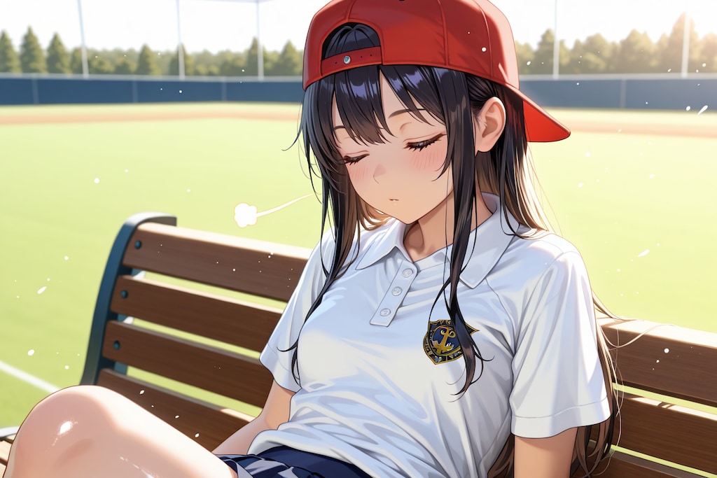 膝を抱える野球女子ちゃん