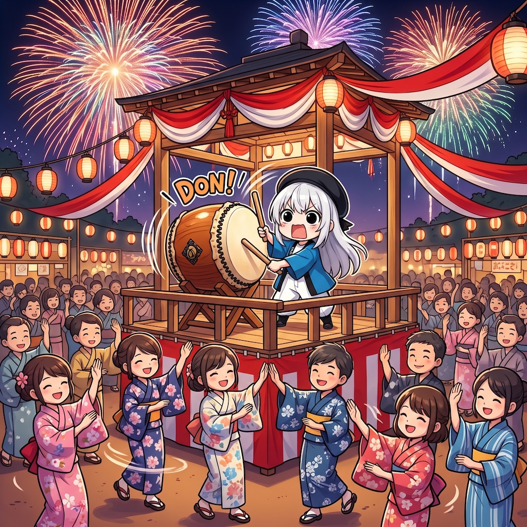 盆踊りで太鼓を叩くえらいこっちゃ嬢