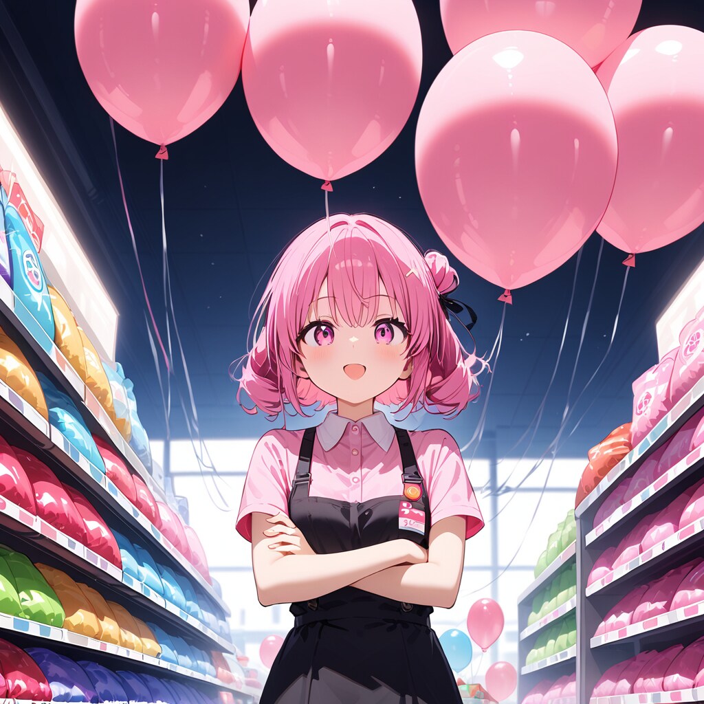 スーパーでピンクの風船を膨らませて遊ぶピンク髪の店員さん