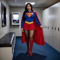 ロッカールームでスーパーガールのコスプレ衣装を試着する女性 2枚目