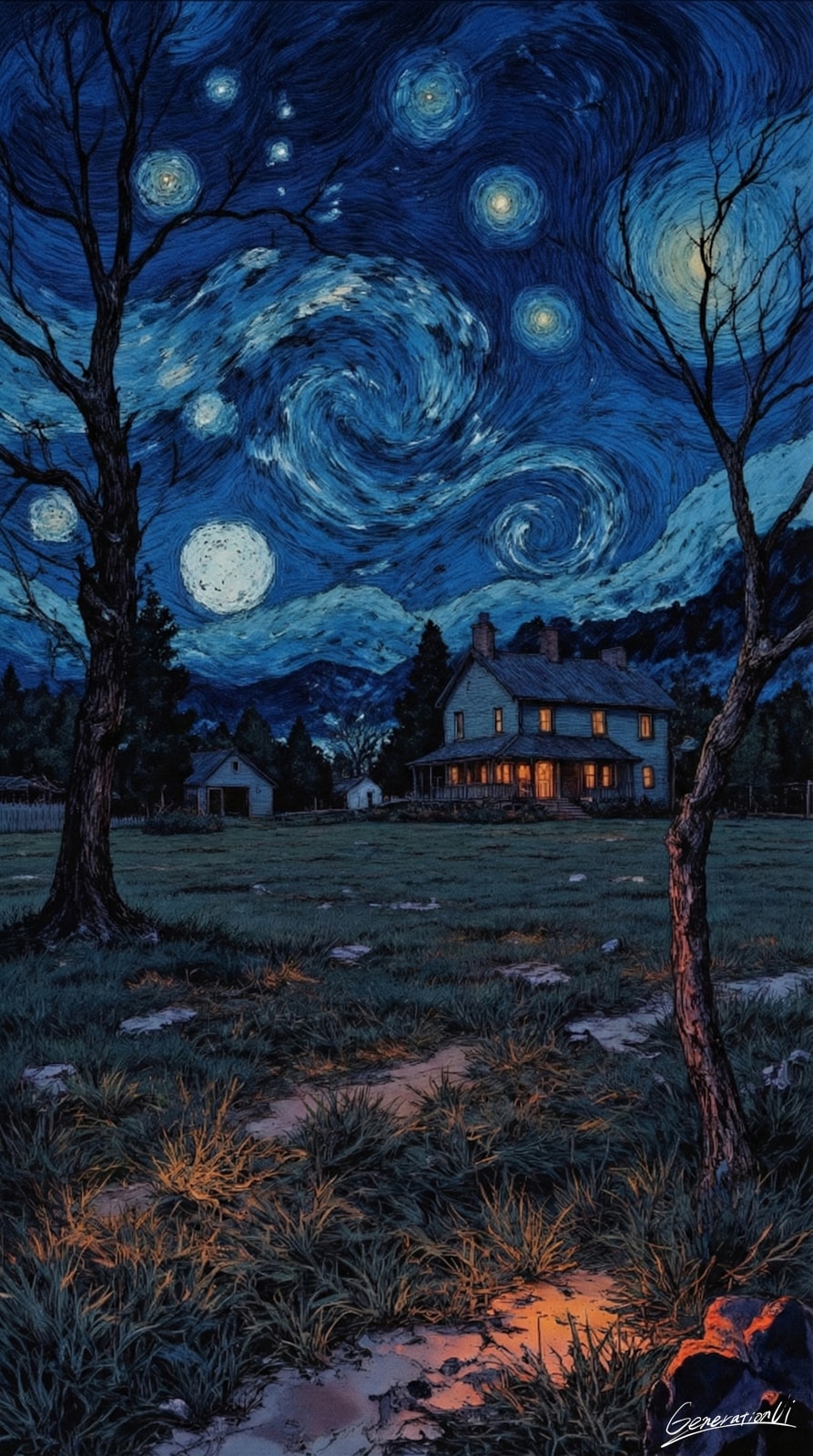 星月夜の田舎の家／スマホ壁紙アーカイブ | の人気AIイラスト・グラビア