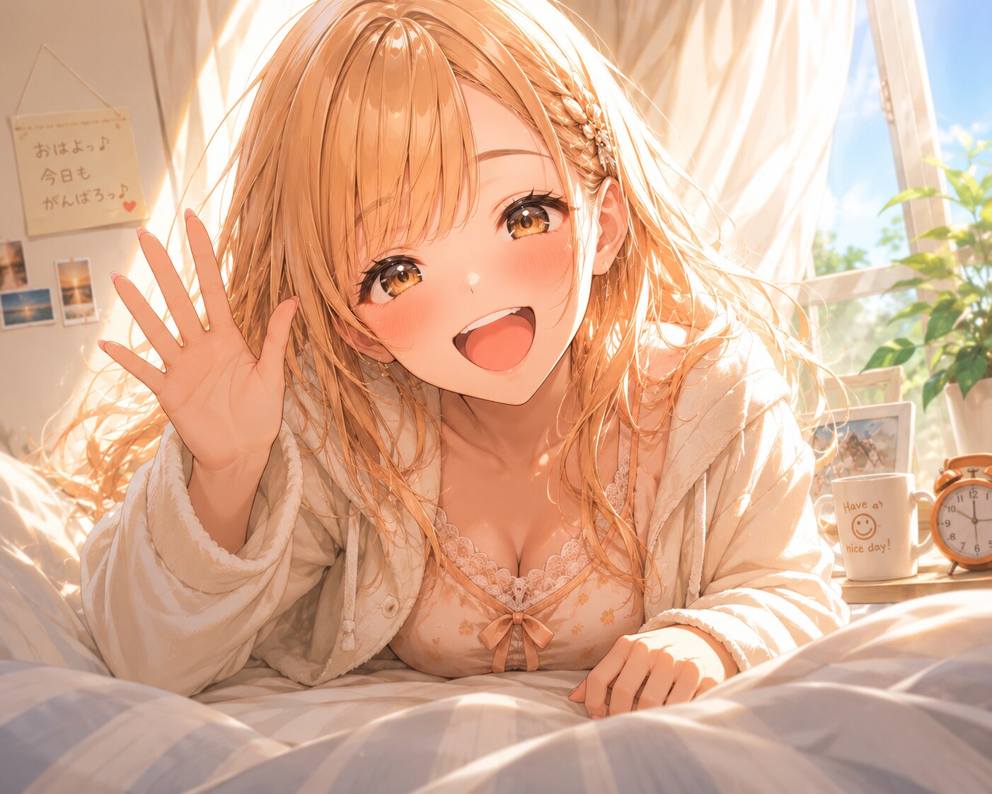 APRICOTちゃん「おはよっ、今日もがんばろっ♪」 | の人気AIイラスト・グラビア