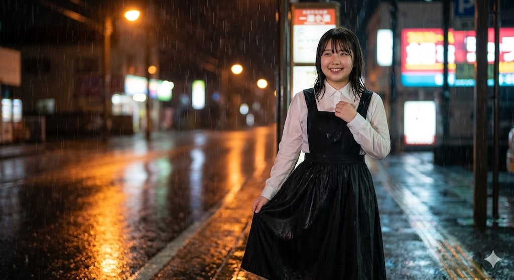 雨の日のバス停で濡れるメイド