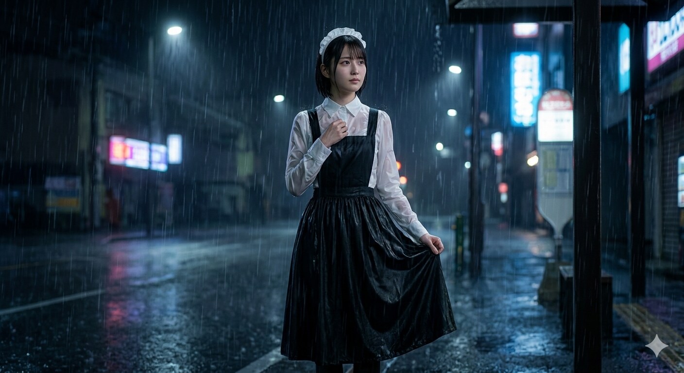 雨の日のバス停で濡れるメイド