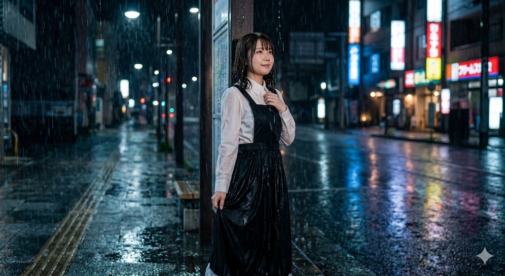 雨の日のバス停で濡れるメイド