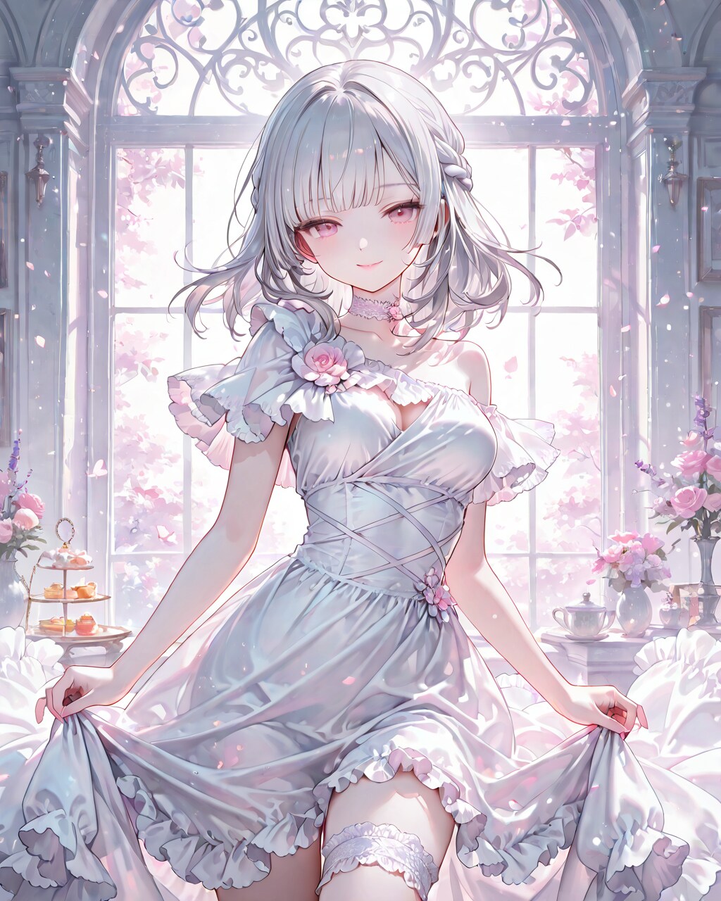 純白ドレスと白いガーター