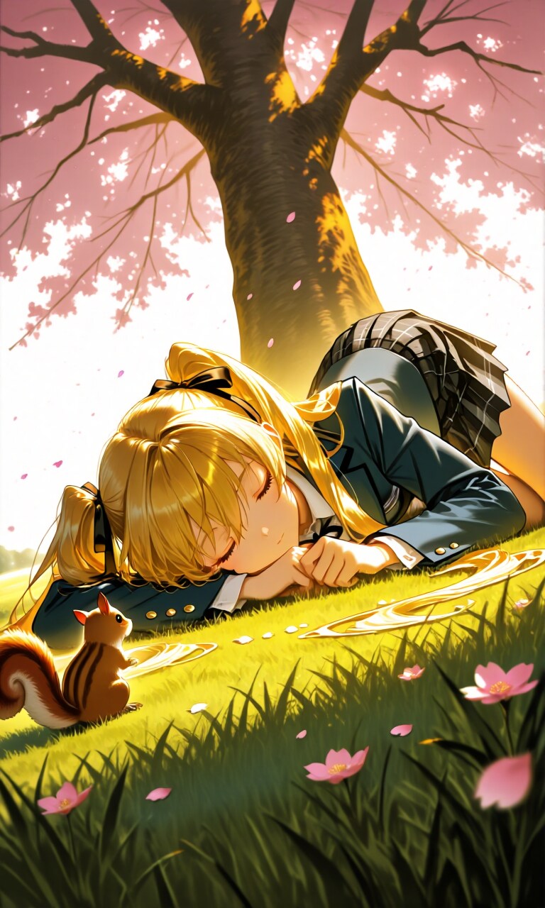眠る少女とリス