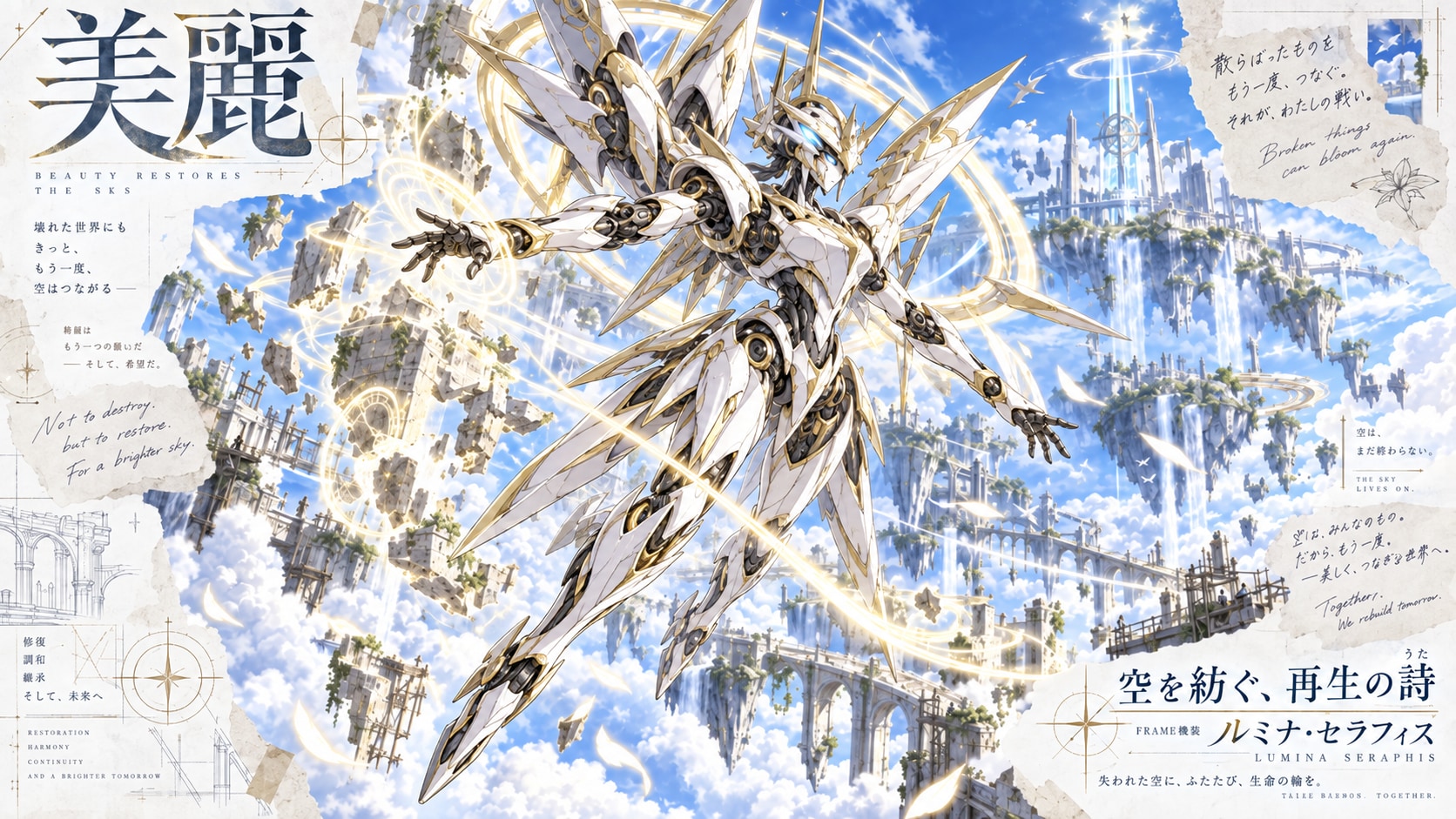 Lumina Seraphis — The Sky Rewoven  Beauty restores the sky.  Above the ruins of a shattered world, L | の人気AIイラスト・グラビア
