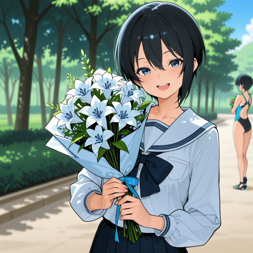 【番外編】花を持った少女と競泳水着の少女 | の人気AIイラスト・グラビア