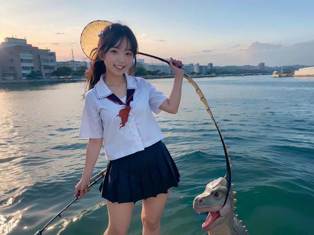 【謎画像】女子高生におとなしく釣られた恐竜