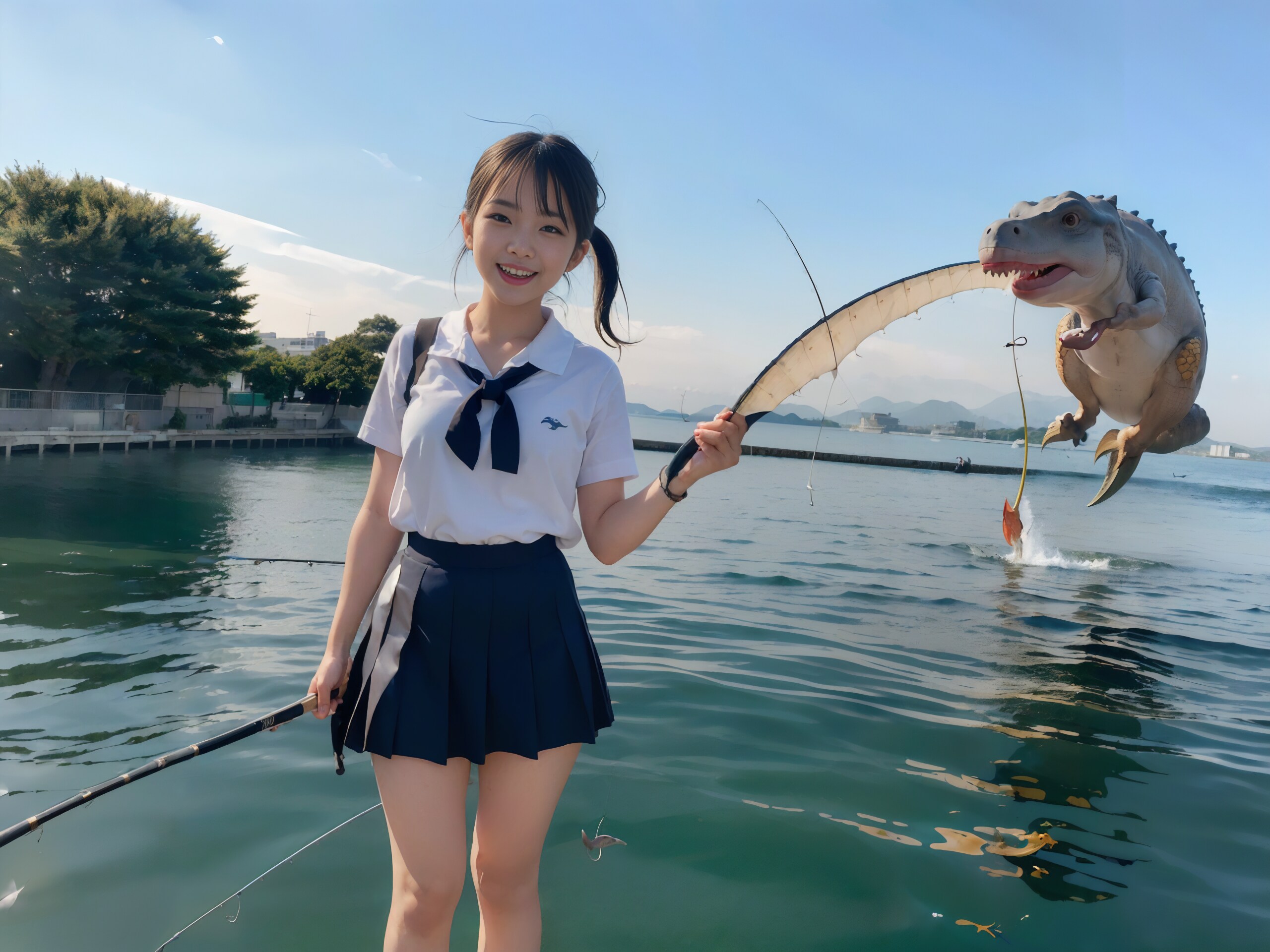 【謎画像】女子高生におとなしく釣られた恐竜