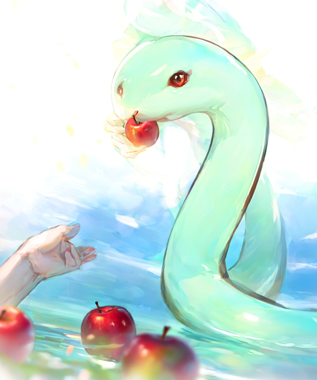 湖の白蛇さまへリンゴをお供え