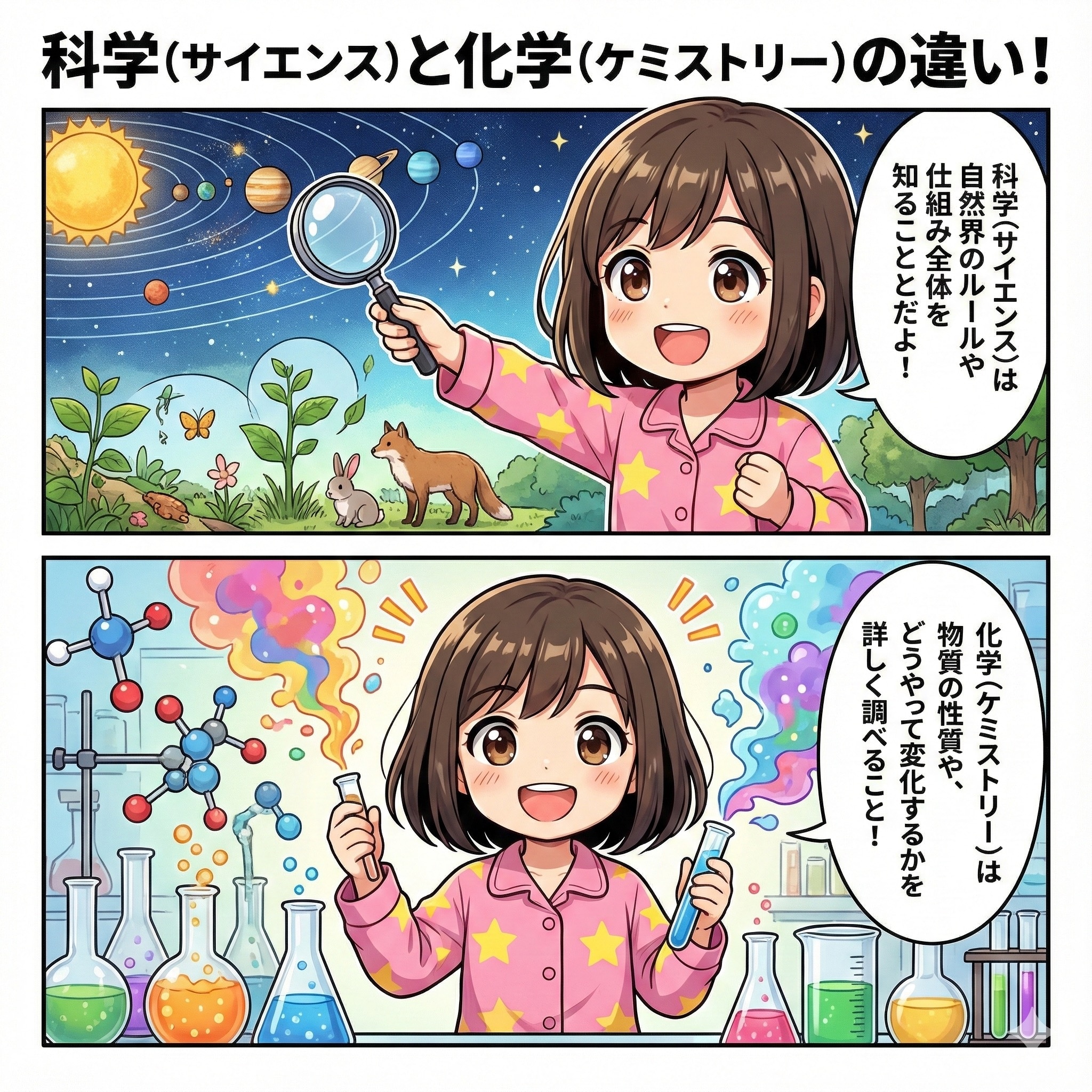 科学（サイエンス）と化学（ケミストリー）の違いを説明するよっ！ | の人気AIイラスト・グラビア