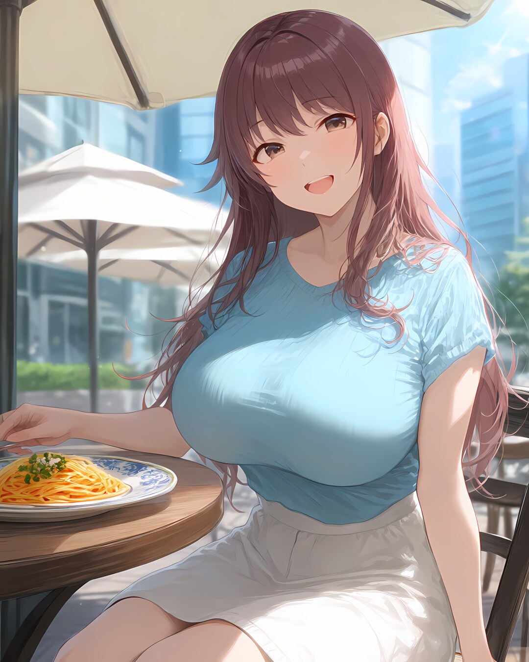 🍝晴天テラスでパスタランチ、ノノカの爽やかニットお昼休み❤️