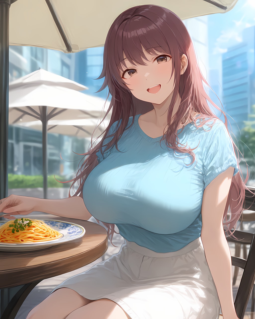 🍝晴天テラスでパスタランチ、ノノカの爽やかニットお昼休み❤️