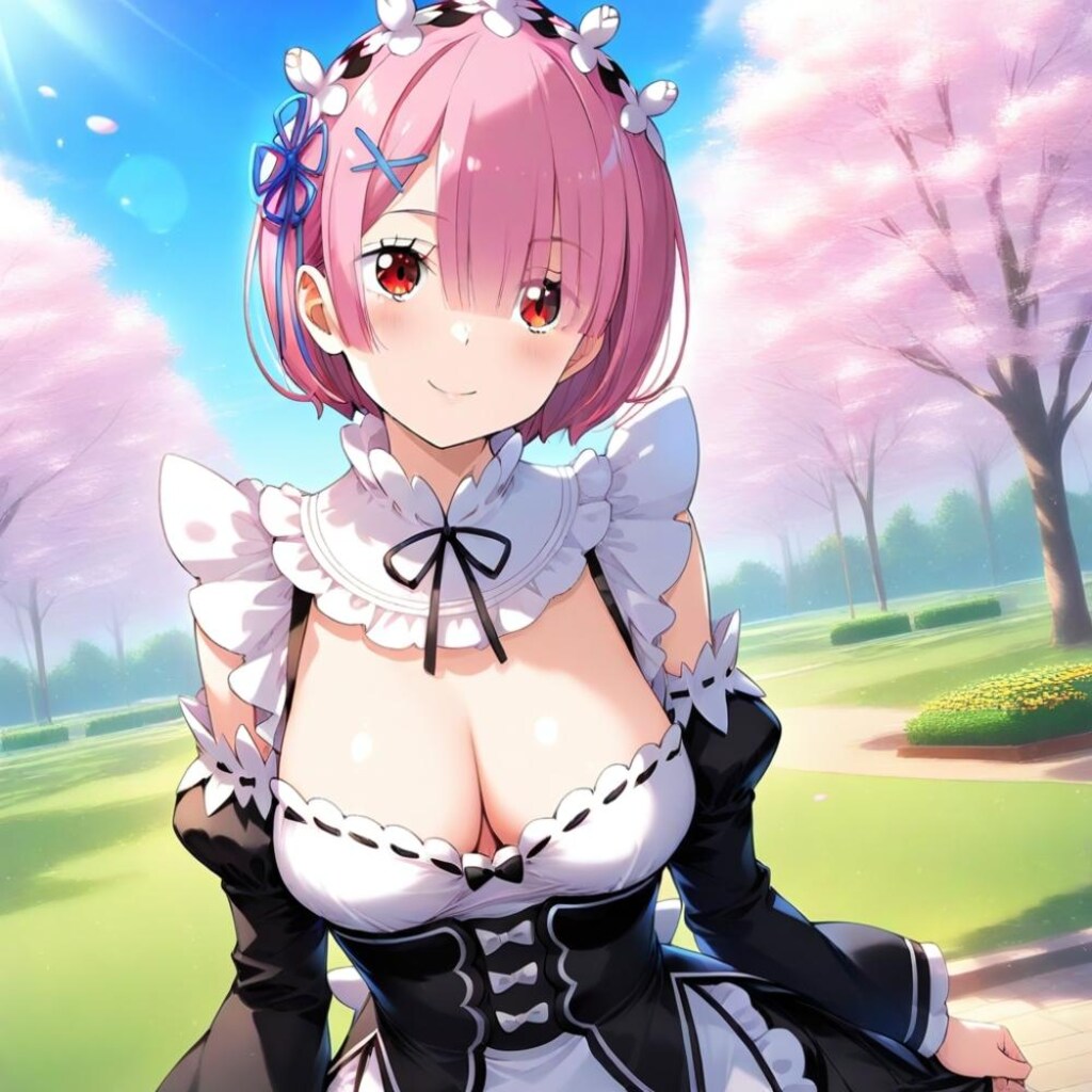 アニメ風、春のピンク髪のメイドさん