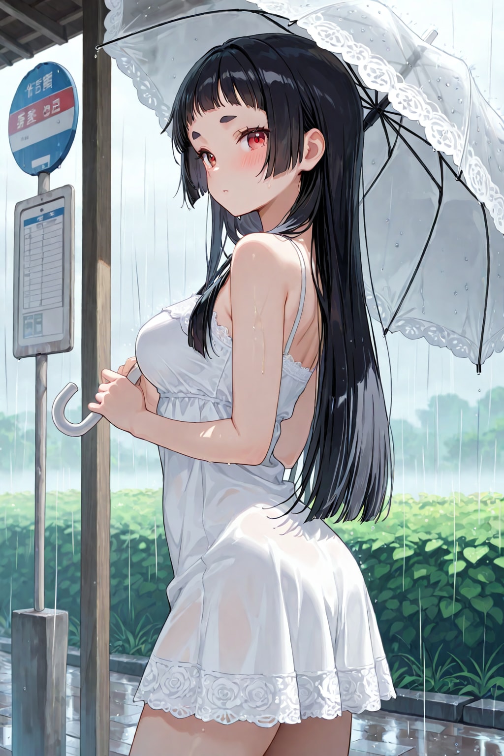 雨の降るバス停で