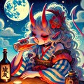 アクリルファンタジー、酒を飲む鬼、ほろ酔い、お月見、鬼ヶ島 3枚目