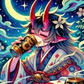 アクリルファンタジー、酒を飲む鬼、ほろ酔い、お月見、鬼ヶ島 2枚目