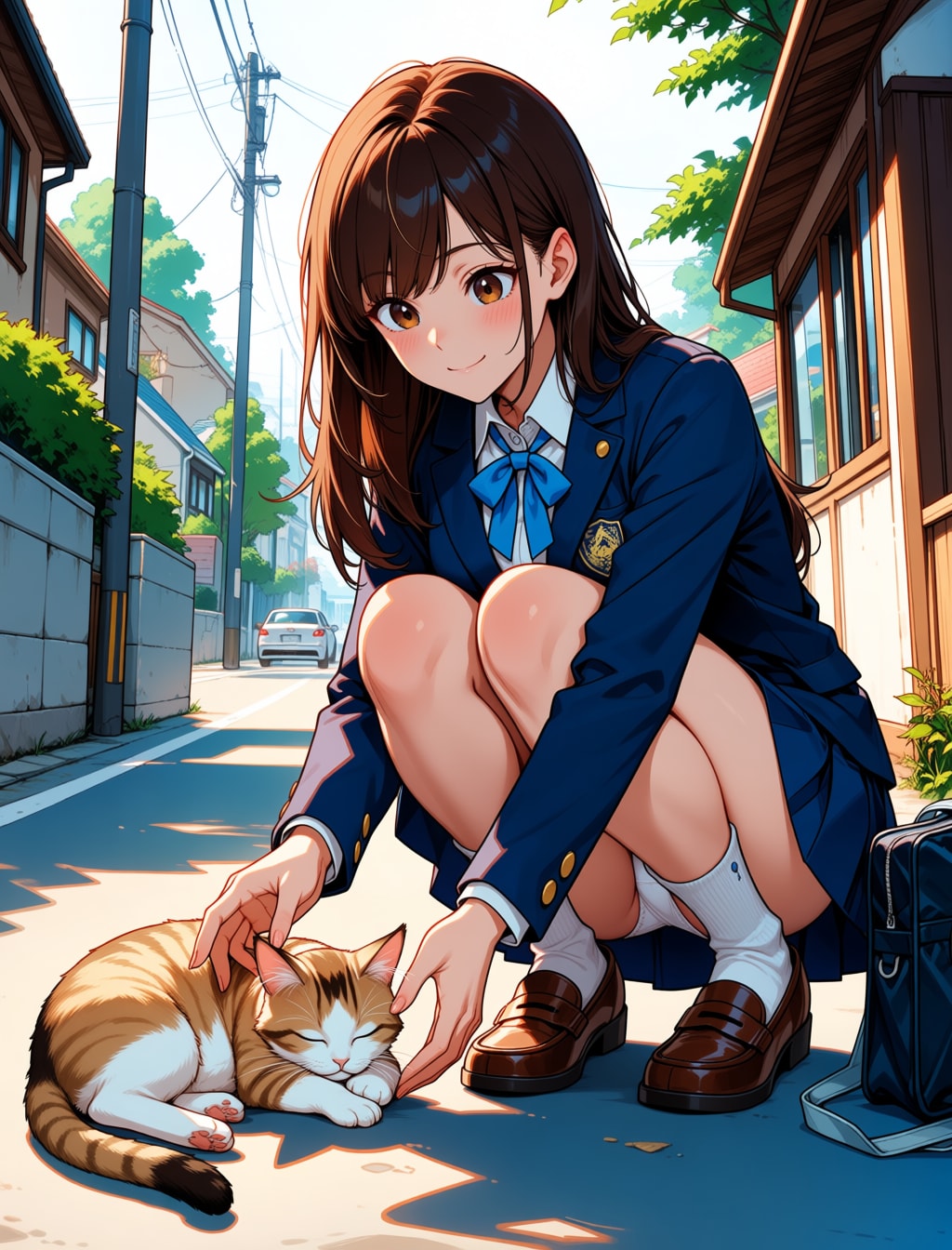 野良猫に吸い寄せられるJK