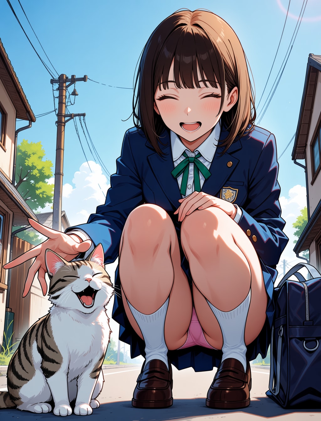 野良猫に吸い寄せられるJK