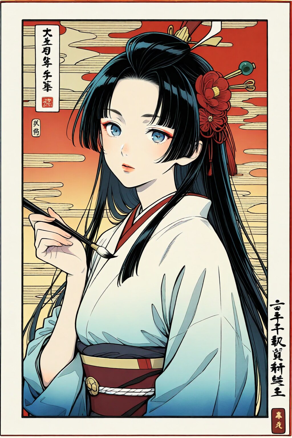 加賀美人を極細筆で丁寧にに描いた浮世絵風ポスタライズ絵画 | の人気AIイラスト・グラビア