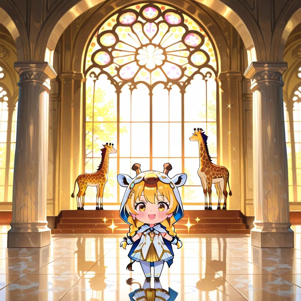 大聖堂の大きな窓とキリン着ぐるみちび子ちゃん